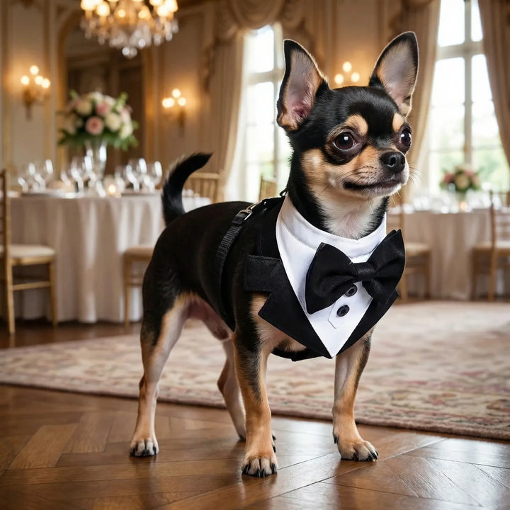Schwarzes Smoking-Hundegeschirr mit weißer Fliege, bequem & stylisch für jede festliche Party.