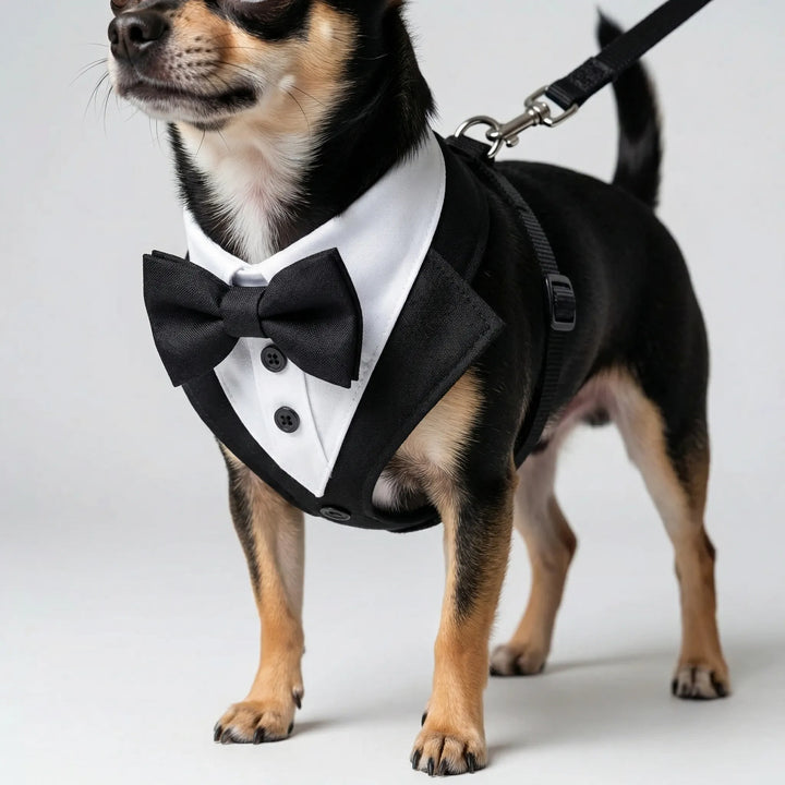 Modisches Hundegeschirr im Smoking-Stil, mit Fliege, verstellbar für optimalen Sitz & Eleganz.