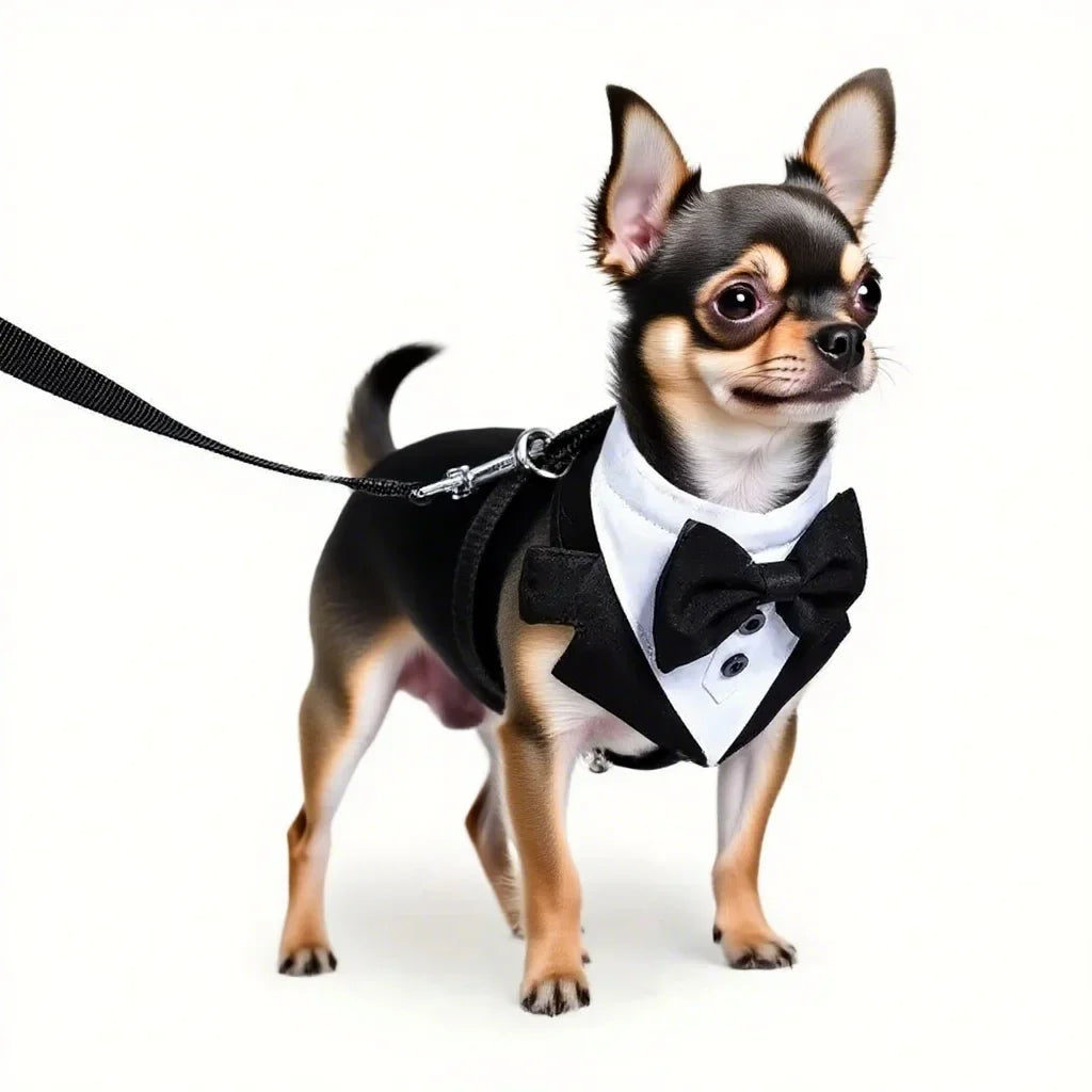 Festliches Westengeschirr für Hunde, Smoking-Design mit Fliege, ideal für besondere Anlässe.