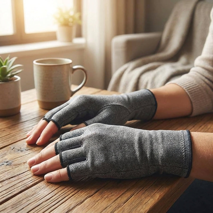 Grauer Unisex Halbfinger-Kompressionshandschuh zur Schmerzlinderung bei Arthritis & Handschmerzen.