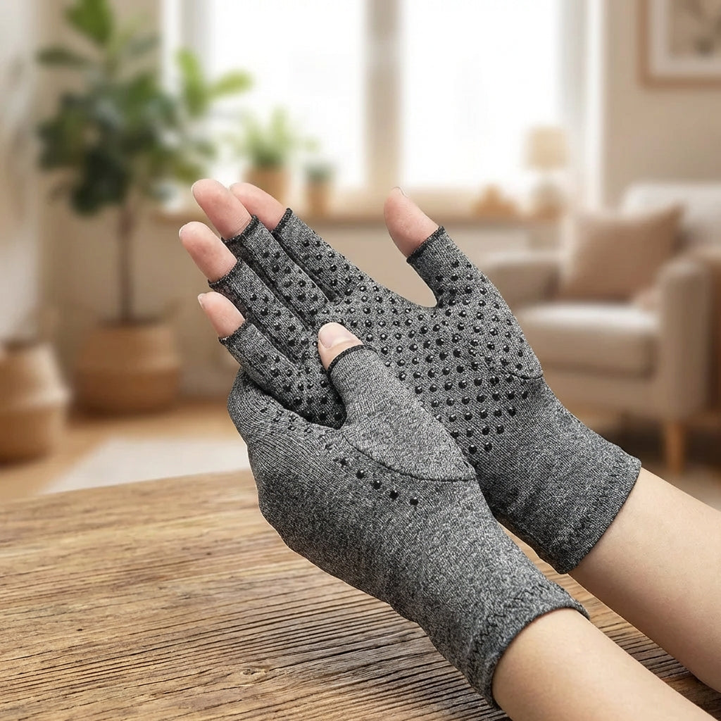 Grauer fingerloser Kompressionshandschuh für Unisex, lindert Arthritisschmerz und Karpaltunnel-Symptome.