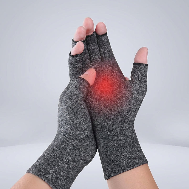 Ergonomischer fingerloser Kompressionshandschuh grau, bietet Handgelenkstütze und Greifhilfe für Alltag.