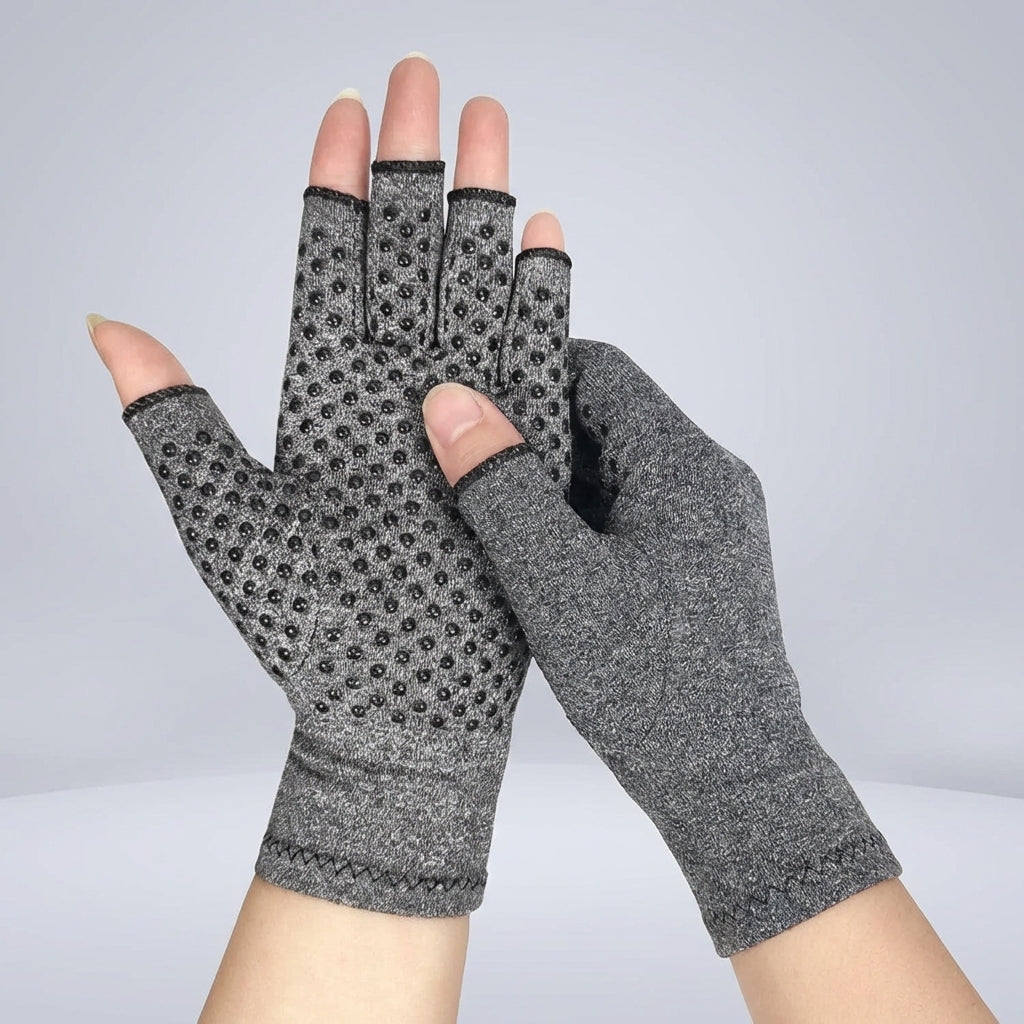 Atmungsaktiver grauer Kompressionshandschuh fingerlos, ideal bei Arthritis für Therapie & Schmerzlinderung.