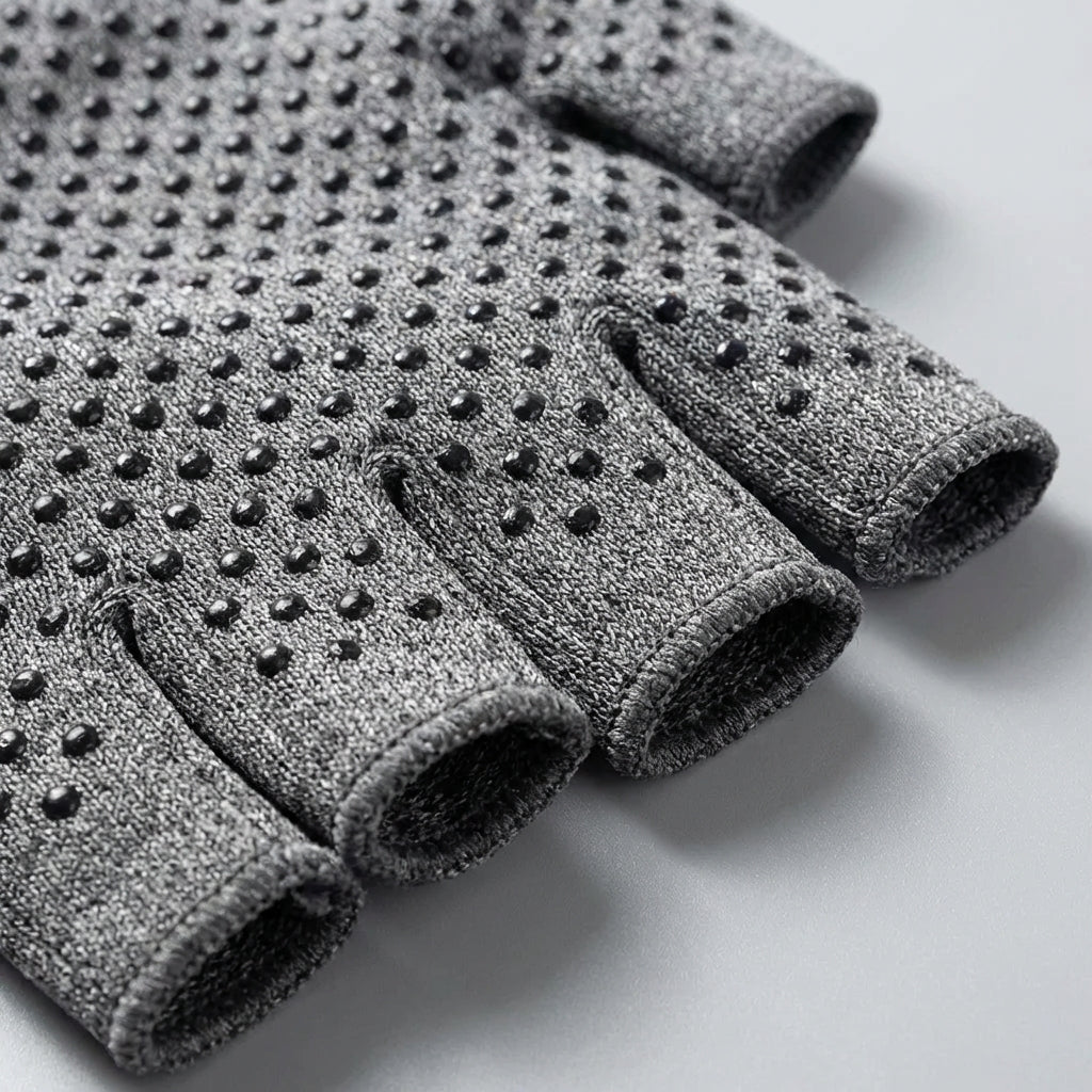 Person trägt grauen fingerlosen Kompressionshandschuh, fördert Schmerzlinderung bei täglichen Aktivitäten.