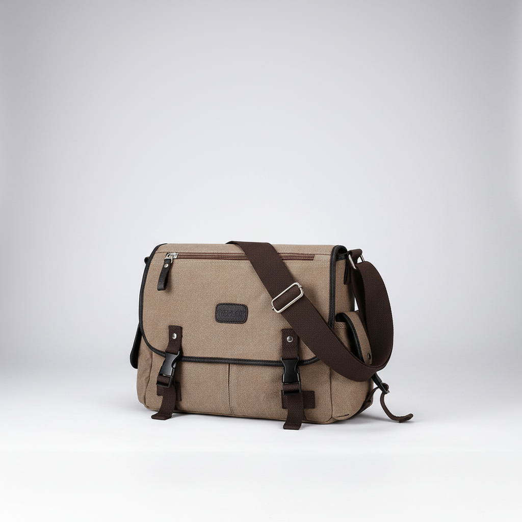 Detailaufnahme der Vintage Canvas Messenger Tasche mit sicheren Schnallen & Fronttaschen.