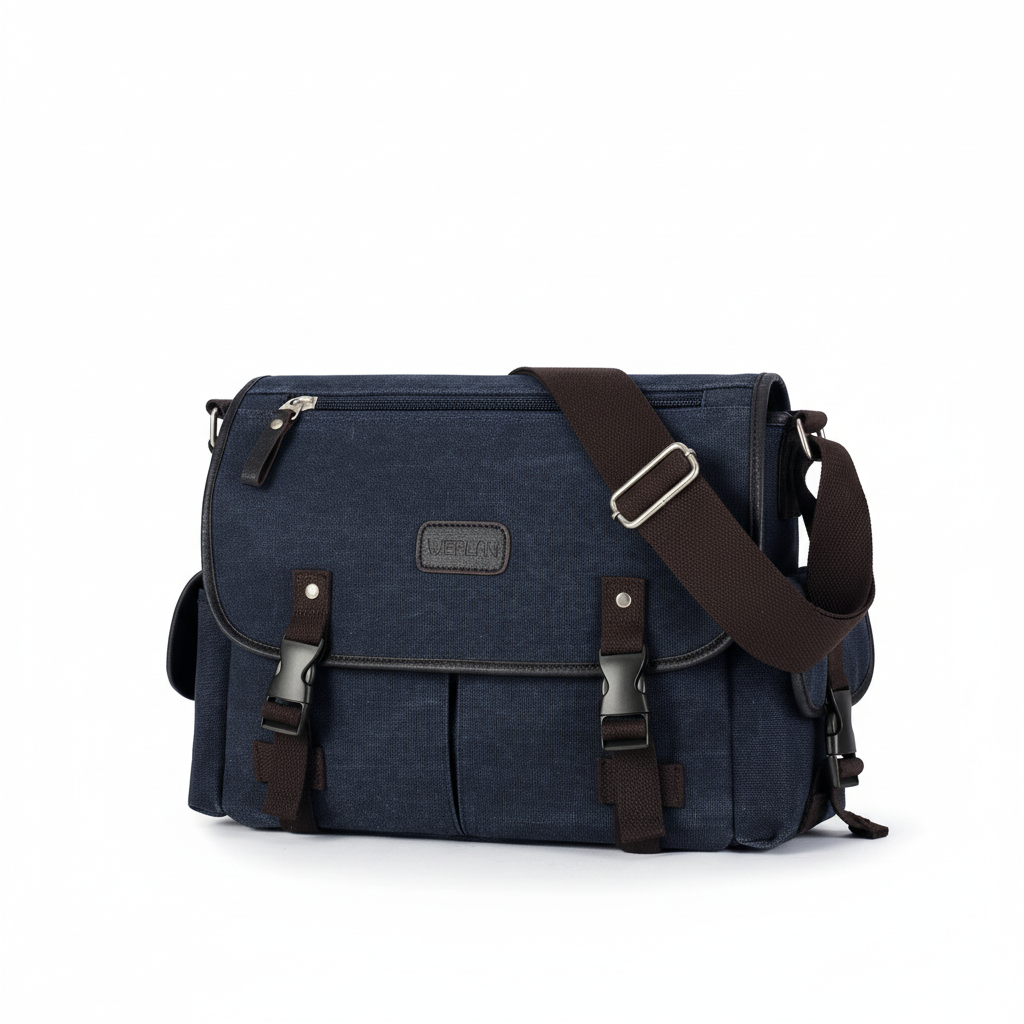 Nahaufnahme der robusten Vintage Canvas Textur dieser praktischen Unisex Messenger Tasche.