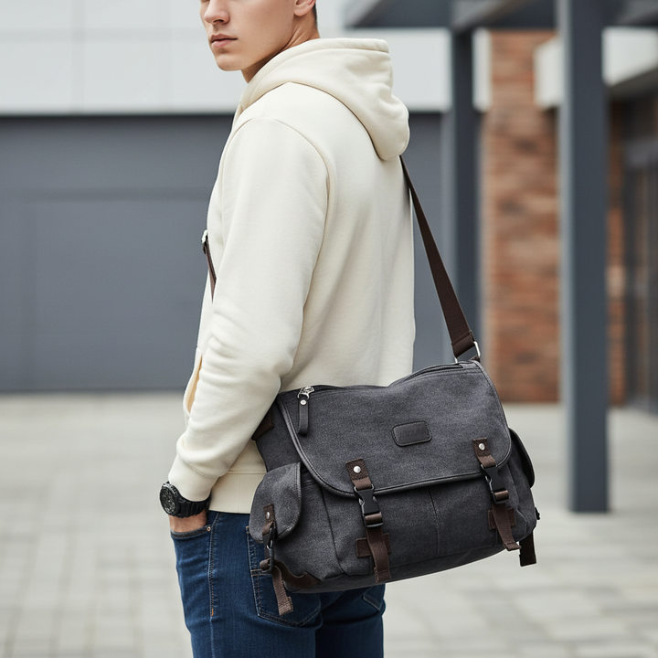 Vintage Canvas Messenger Tasche Unisex in Khaki. Robuste Retro Umhängetasche für Alltag & Uni.