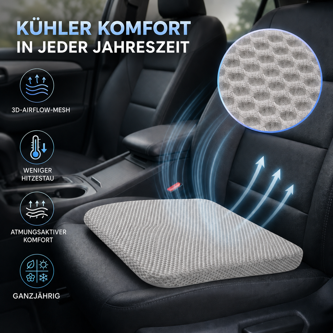 Beiges Sitzkissen mit Wabenstruktur, perfekt für lange Autofahrten und Schreibtisch. Ergonomischer Komfort.