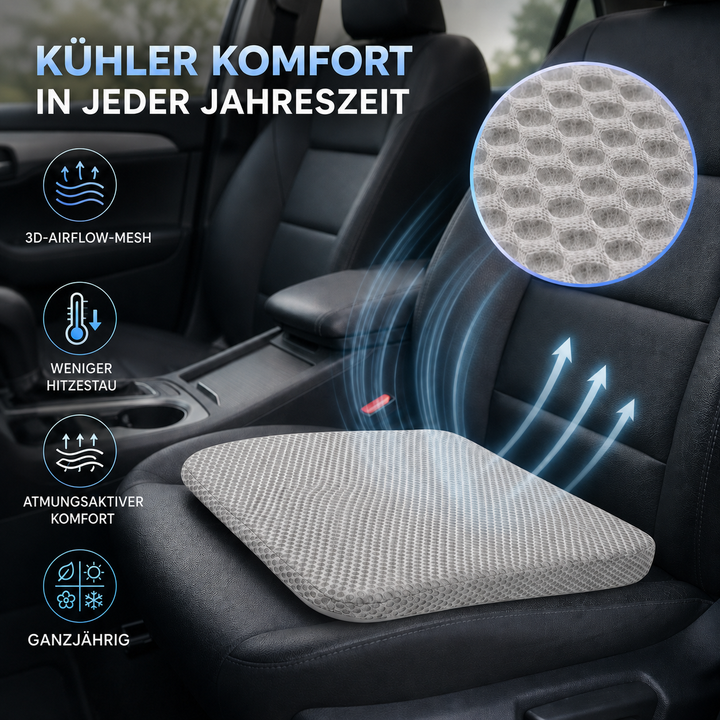 Beiges Sitzkissen mit Wabenstruktur, perfekt für lange Autofahrten und Schreibtisch. Ergonomischer Komfort.
