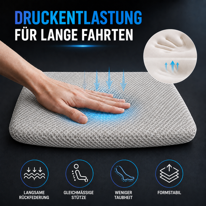 Ergonomisches Sitzkissen, schwarz, mit atmungsaktivem Waben-Design für Auto & Bürostuhl.