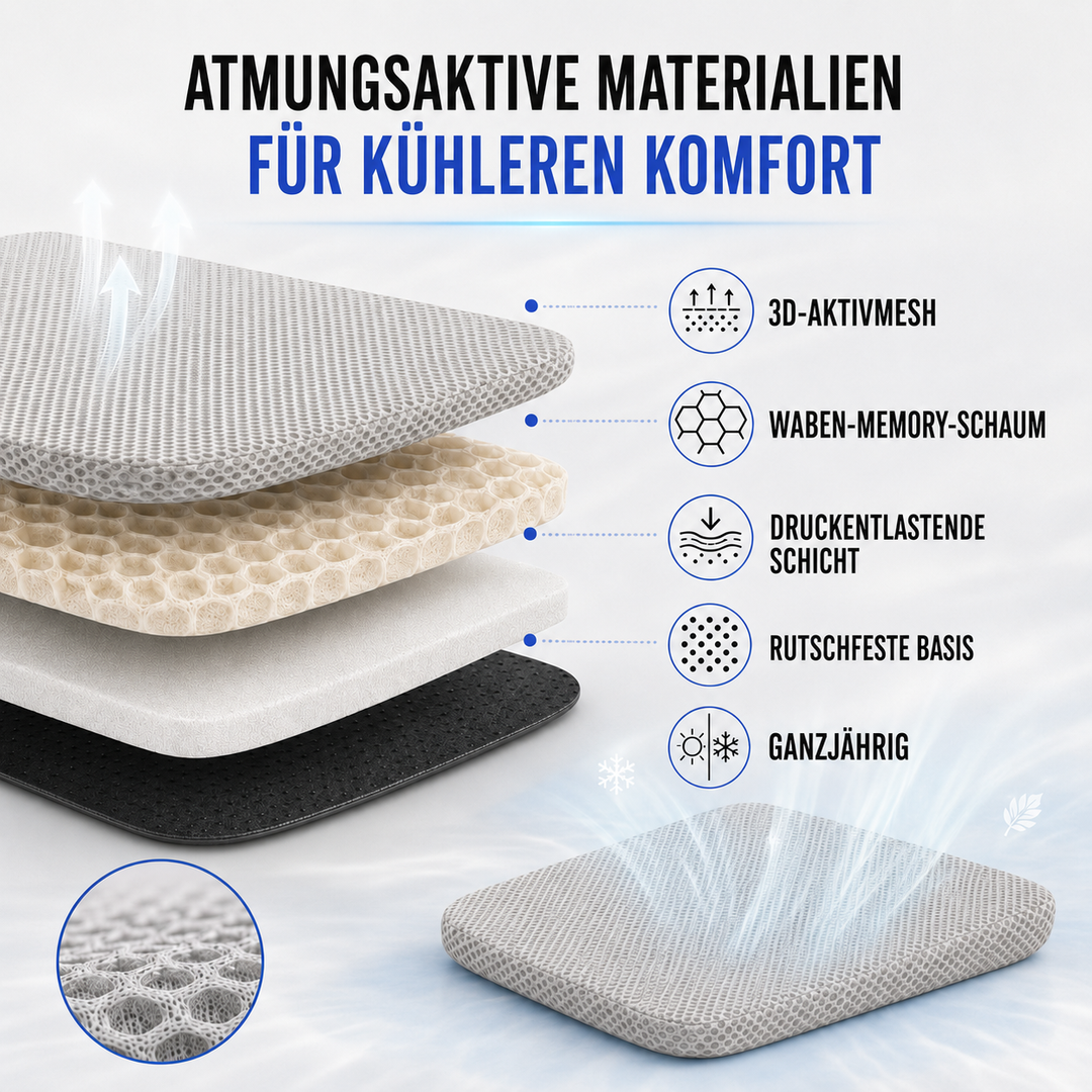 Schwarzes ergonomisches Sitzkissen für Autofahrer und Büronutzer, optimiert für Druckentlastung.