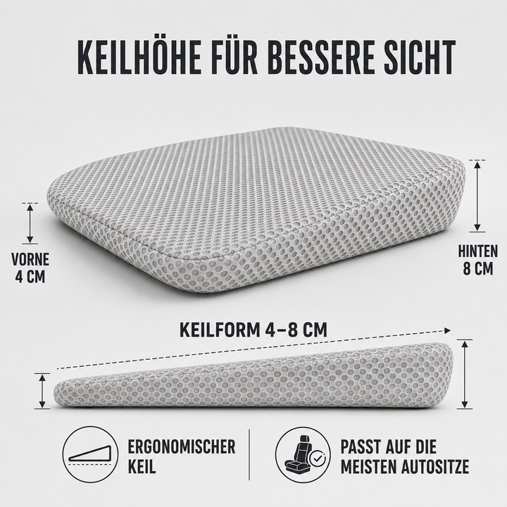 Atmungsaktives Autositzkissen, schwarz, mit Wabenstruktur für maximalen Sitzkomfort im Fahrzeug.