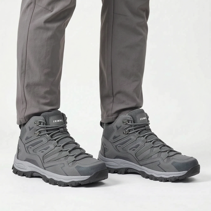 Graue atmungsaktive Damen Wanderschuhe, halbhoch und leicht, perfekt für Trail & Outdoor.
