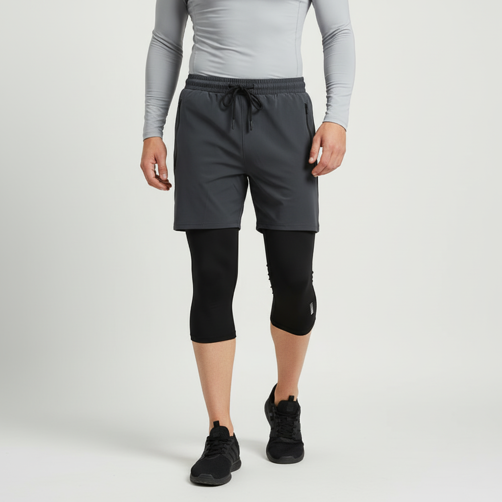 Rückenansicht der Herren Fitness-Shorts mit reflektierenden Details für Sicherheit.