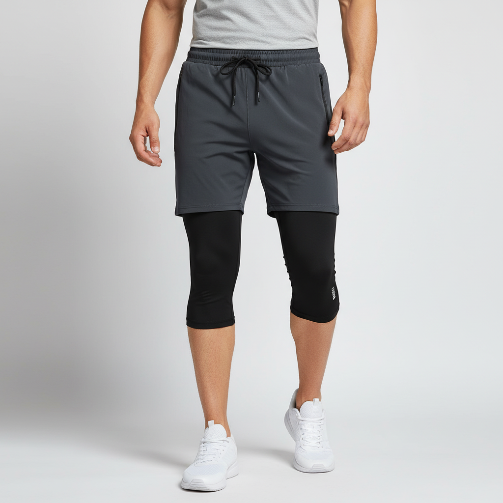 Eng anliegende Herren Kompressions-Leggings unter leichten Laufshorts, bietet starken Support.