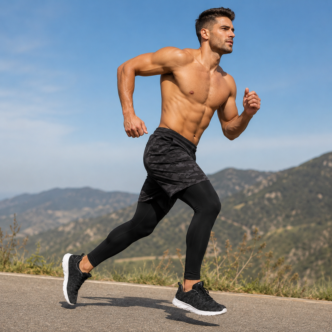 Herren 2-in-1 Laufleggings mit integrierten Shorts für optimalen Komfort beim Training.