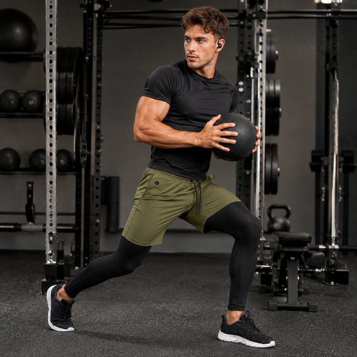 Flexible Herren Sportleggings mit Shorts, bietet optimalen Halt und Komfort beim Sport.