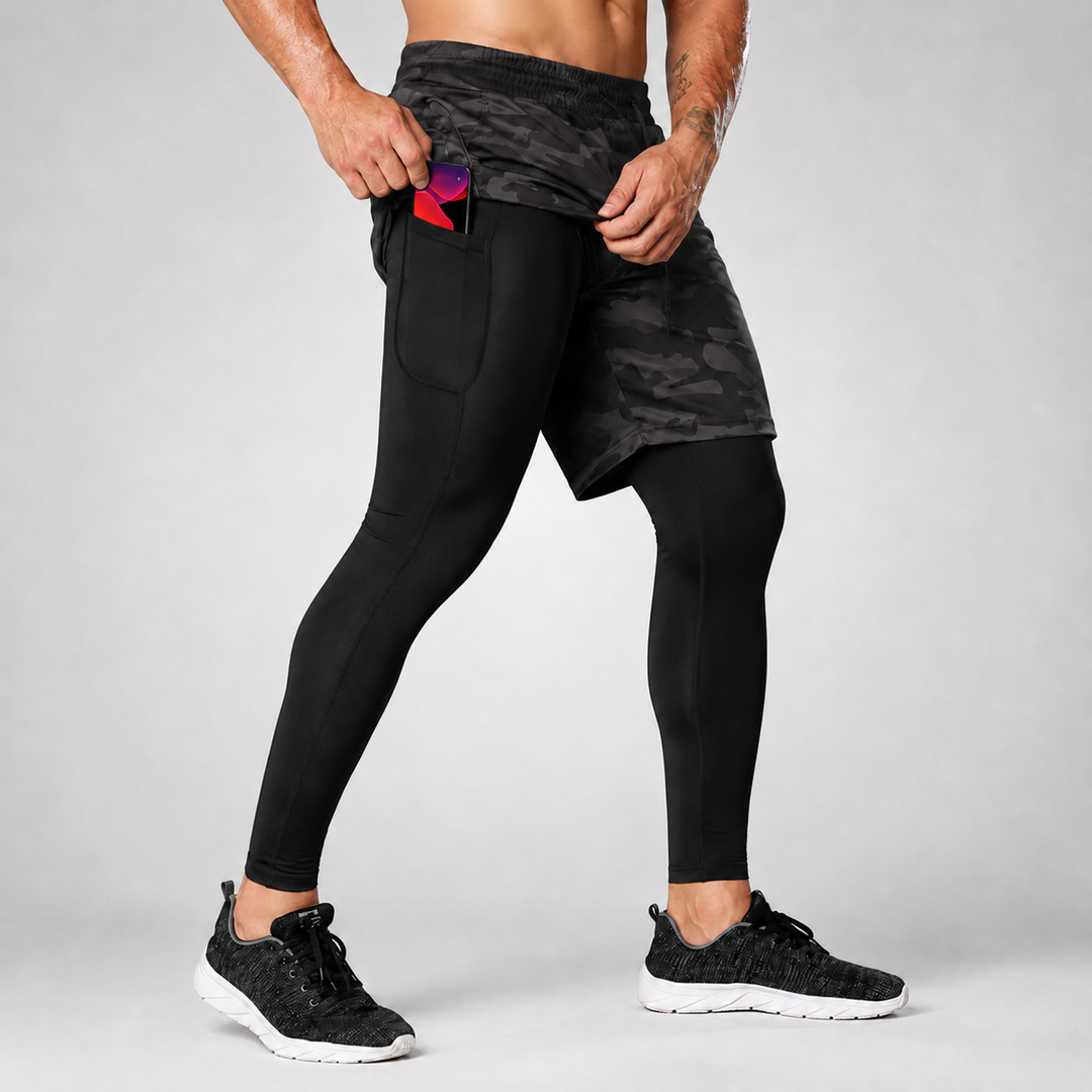 Herren Gymwear: Funktionale 2-in-1 Laufleggings mit Shorts für höchste Bewegungsfreiheit.