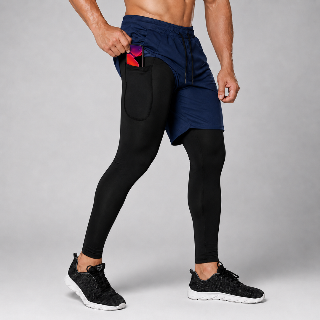 Stylische Herren Sportleggings mit Shorts, atmungsaktiv und schnelltrocknend für Sport.