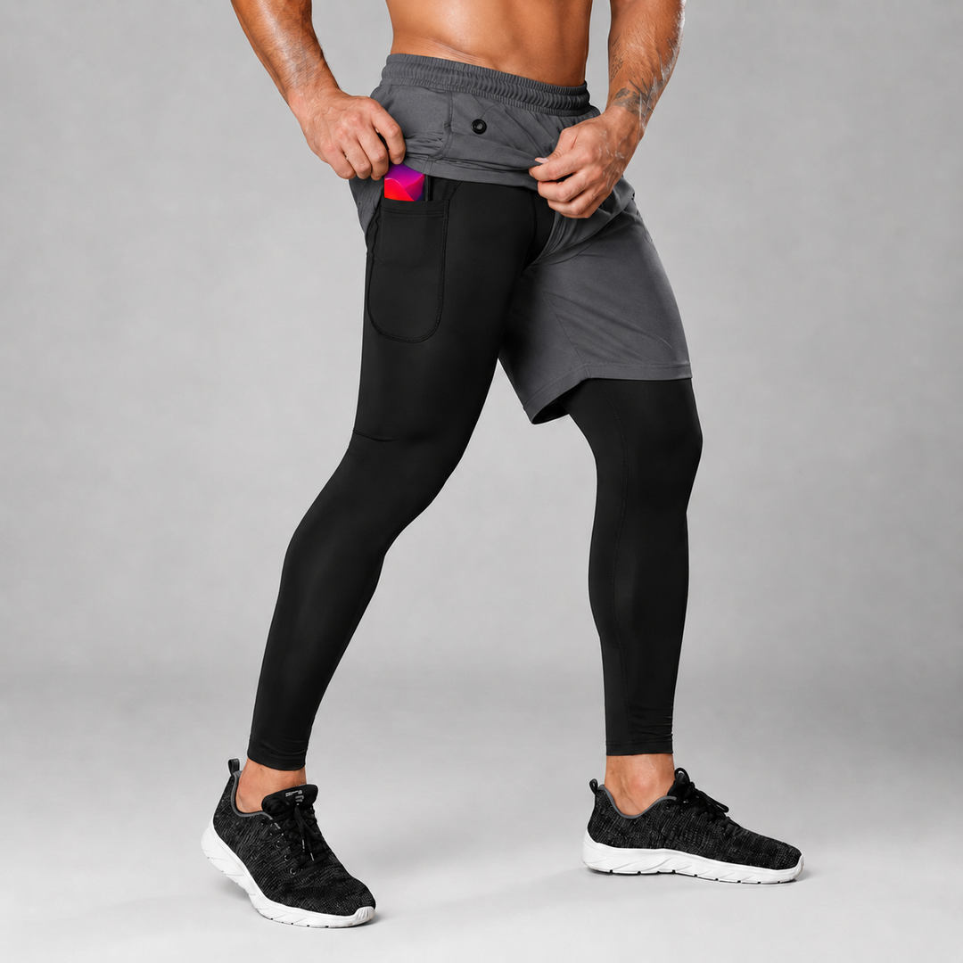 Innovativ: Herren 2-in-1 Sporthose, Laufleggings unter lockeren Shorts, ideal für Läufer.