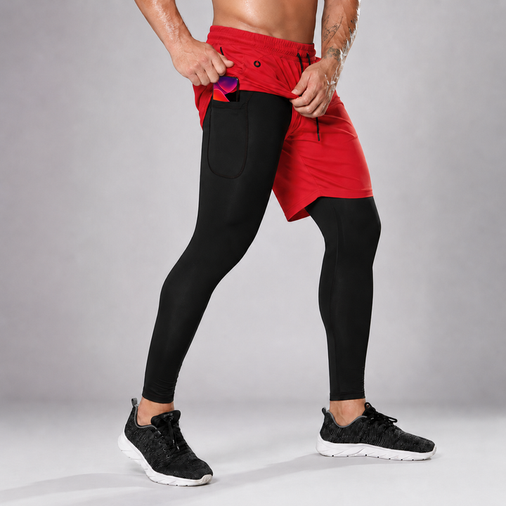 Komfortable Herren Laufhose: 2-in-1 Design, Laufleggings und Shorts kombiniert.