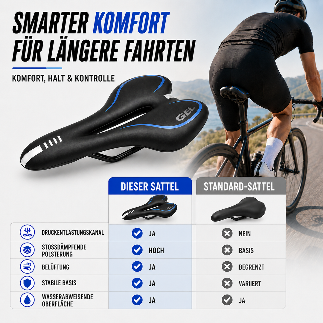Schlanker schwarzer Zeitfahrsattel mit optimierter Form für maximale Leistung & Komfort.