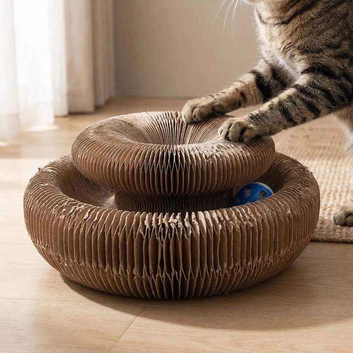 Rundes, faltbares Katzenkratzbrett in Braun für Krallenpflege und interaktives Spiel. Praktisches Katzenzubehör.