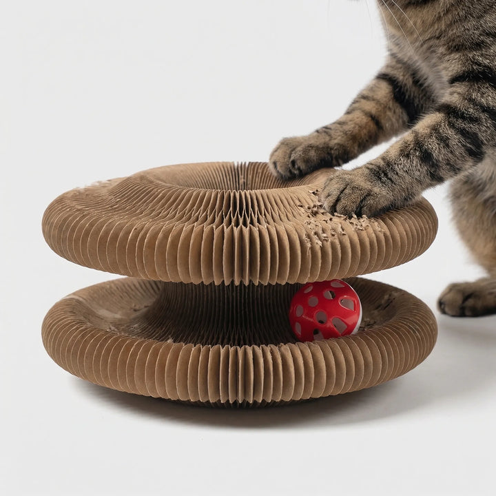 Braunes, faltbares Katzenkratzspielzeug als interaktive Spieloase. Ideal zur Krallenpflege Ihrer Katze.