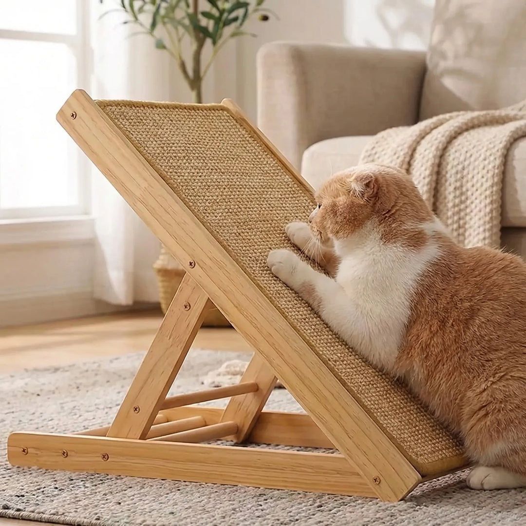 Schräges Sisal Kratzbrett für Katzen, verstellbar und robust. Ideal zur Krallenpflege und als Katzenspielzeug.