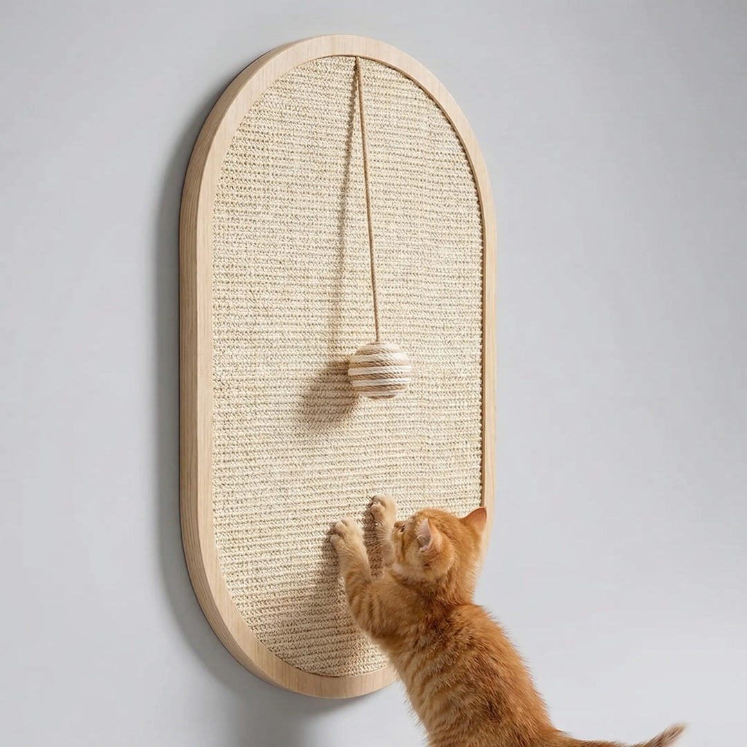 Funktionales Sisal-Kratzbrett für Katzen, zur Wandmontage, mit integriertem Spielzeug. Schützt Ihr Zuhause.