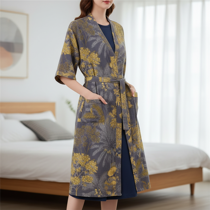 Roter Damen Kurzarm Kimono-Bademantel, leicht & atmungsaktiv für entspannte Sommermomente zuhause.