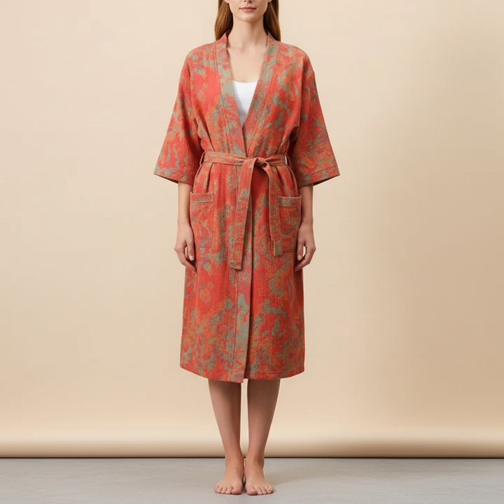 Entspannender Damen Wickel-Bademantel mit Kurzarm, in leuchtendem Rot-Orange, perfekt für Zuhause.