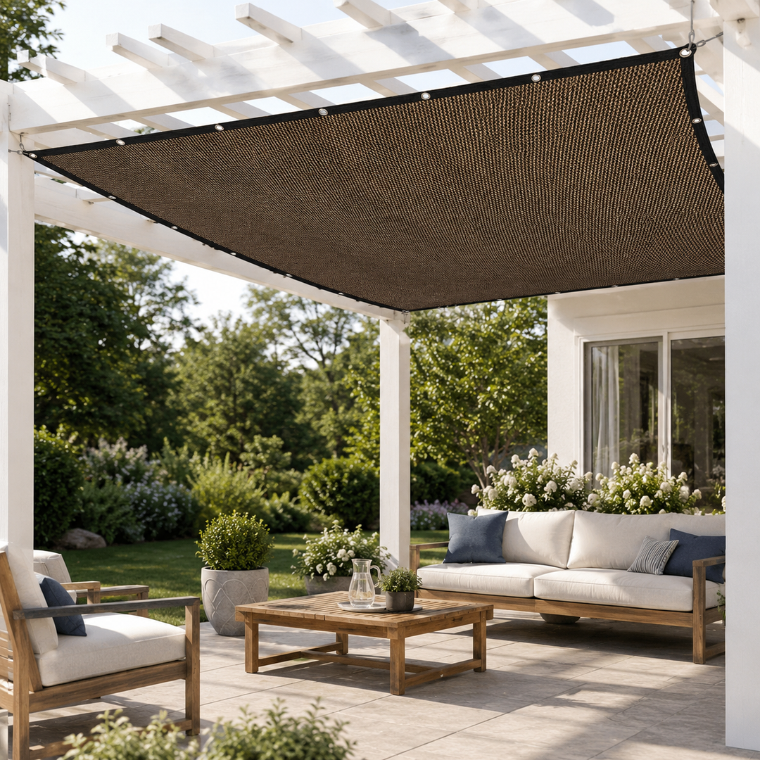 Großes rechteckiges Sonnensegel für Garten, Terrasse, Pool. Vielseitiger UV-Schutz in Braun.
