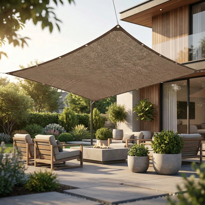 Rechteckiges braunes Sonnensegel für Garten & Terrasse. Idealer UV-Schutz & kühler Schatten für Entspannung.