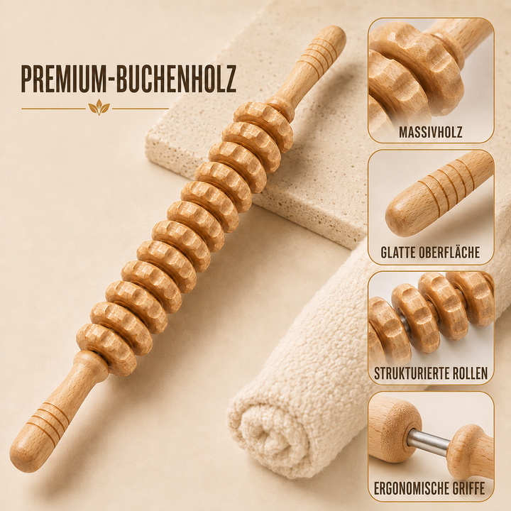 Detailansicht der gebogenen Holzrolle, ideal für entspannende Körpermassage & Hautpflege.