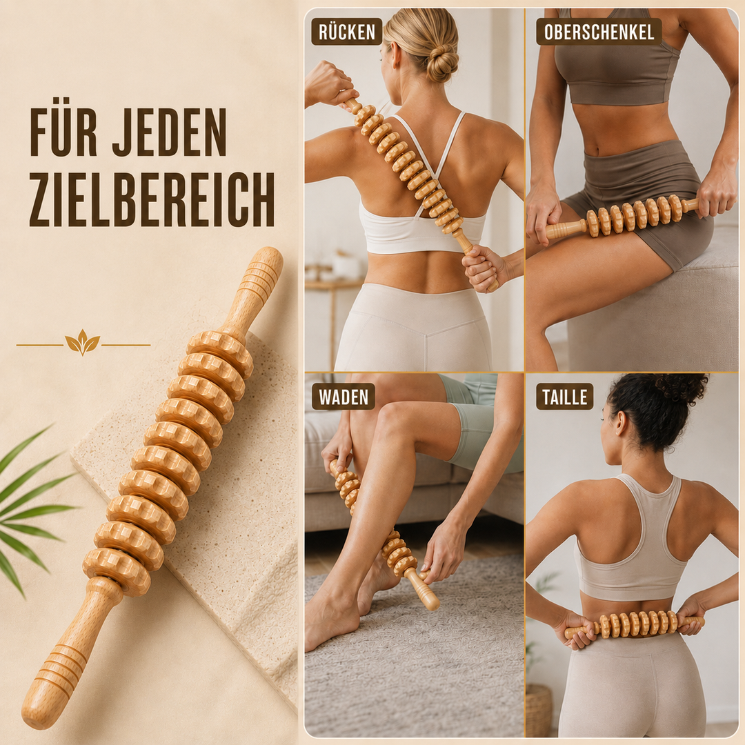 Handliche Holzrolle zum manuellen Massieren von Muskeln & zur Glättung der Haut.