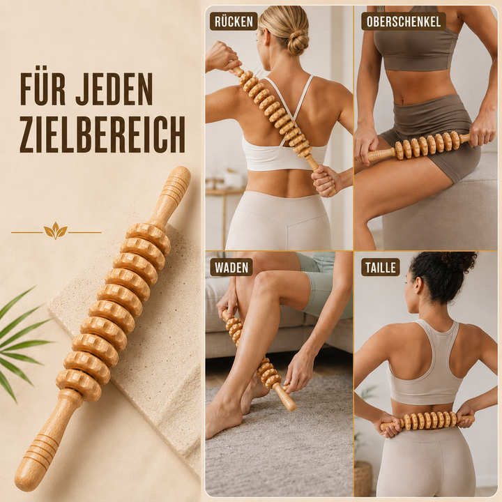 Handliche Holzrolle zum manuellen Massieren von Muskeln & zur Glättung der Haut.