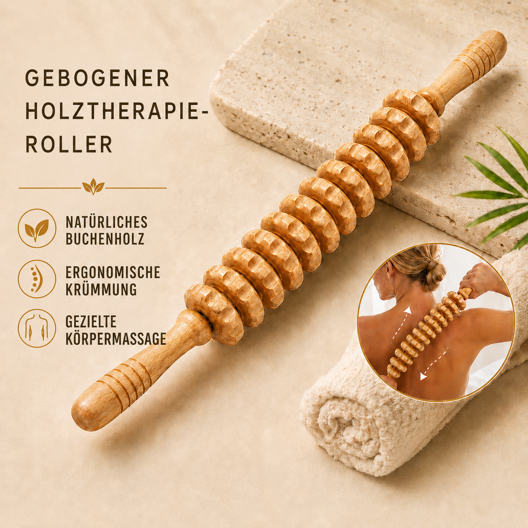 Gebogene Holzrolle aus Naturholz für Körpermassage. Manuelles Massagegerät für zu Hause.
