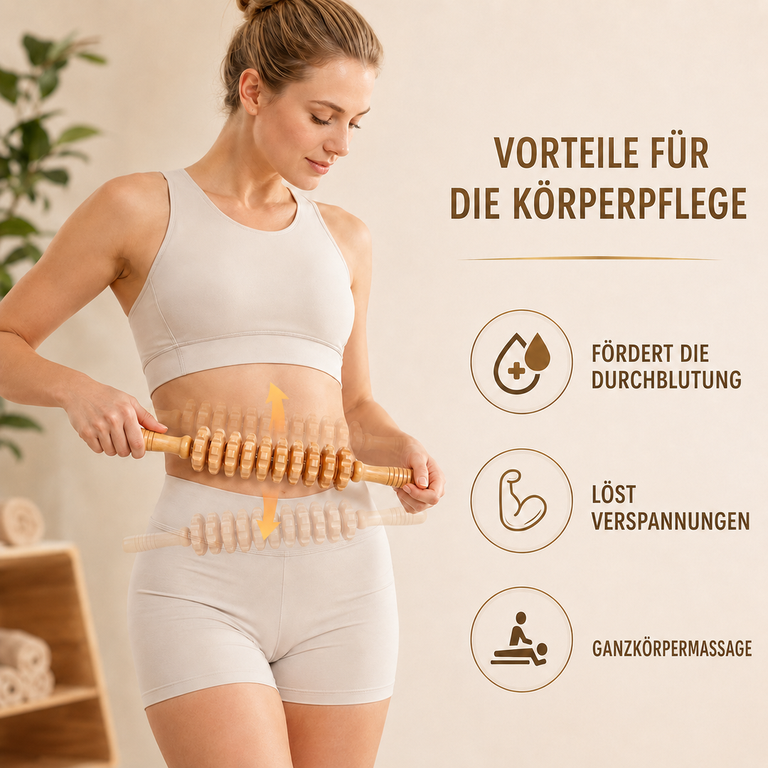 Gebogene Holzrolle zur Cellulite-Massage & Straffung der Haut. Für glatte, schöne Haut.