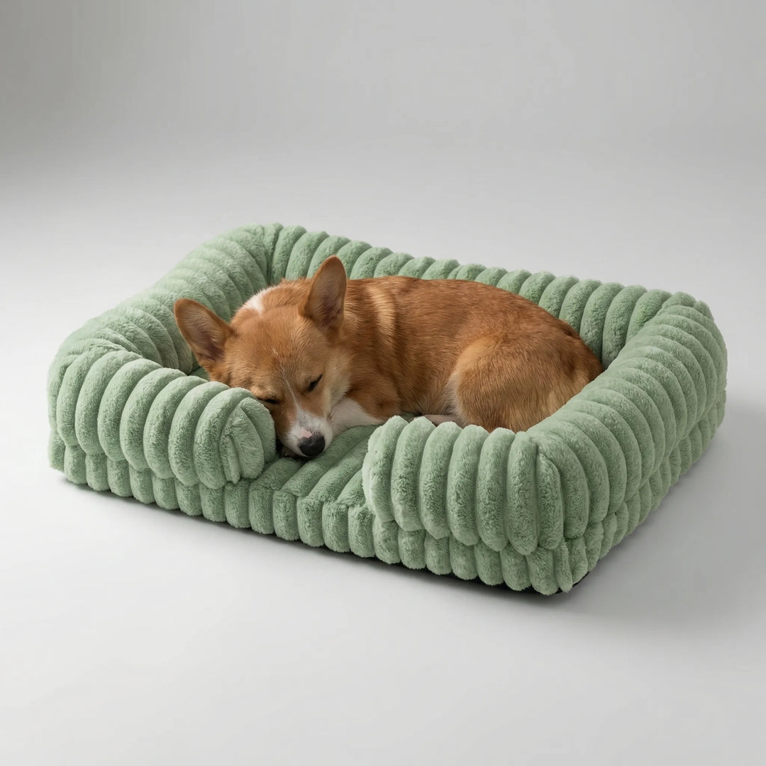 Hundebett mit hohen Rändern im Sofa-Look, orthopädisch, für gesunden Schlaf.