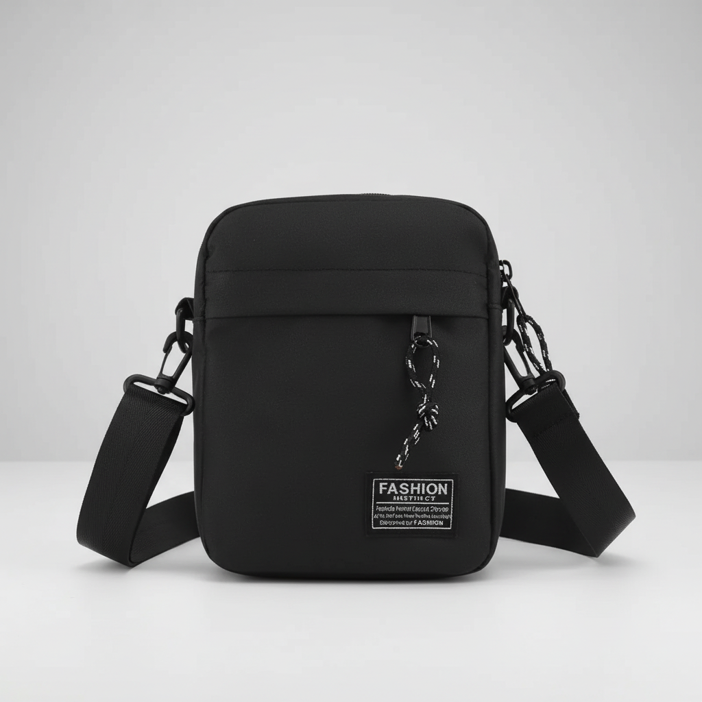 Nahaufnahme des Reißverschlusses der robusten Unisex Crossbody-Tasche aus Oxford-Stoff.