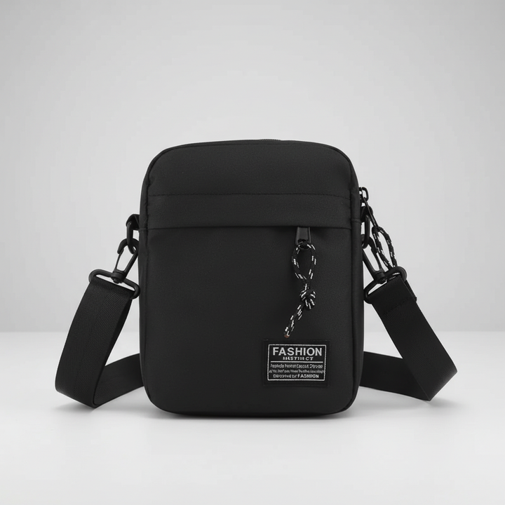 Nahaufnahme des Reißverschlusses der robusten Unisex Crossbody-Tasche aus Oxford-Stoff.
