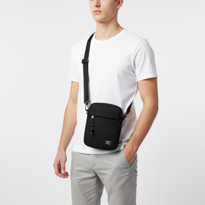 Praktische Unisex-Schultertasche mit Reißverschlussfächern, ideal als kleiner Organizer und Reisebegleiter.