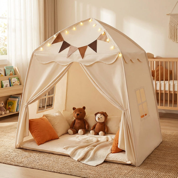 Gemütliches beiges Spielzelt für Kinder, perfekt als sicherer Rückzugsort im Kinderzimmer. Einfacher Aufbau.