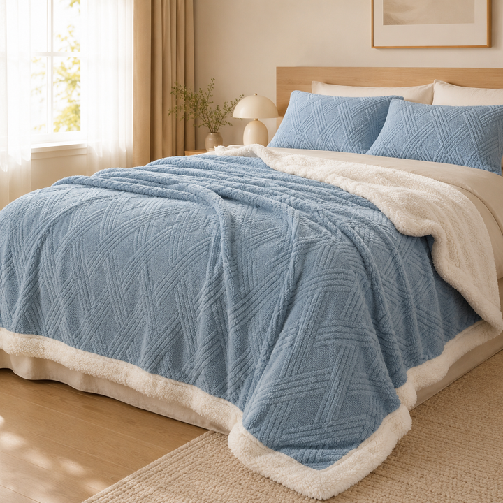 Nahaufnahme der weichen, gestrickten Jacquard-Wurfdecke für gemütliche Winterabende.