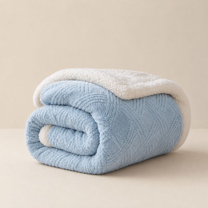 Beigefarbene Kuscheldecke aus Strick, perfekt als Winterdecke für Sofa oder Bett.