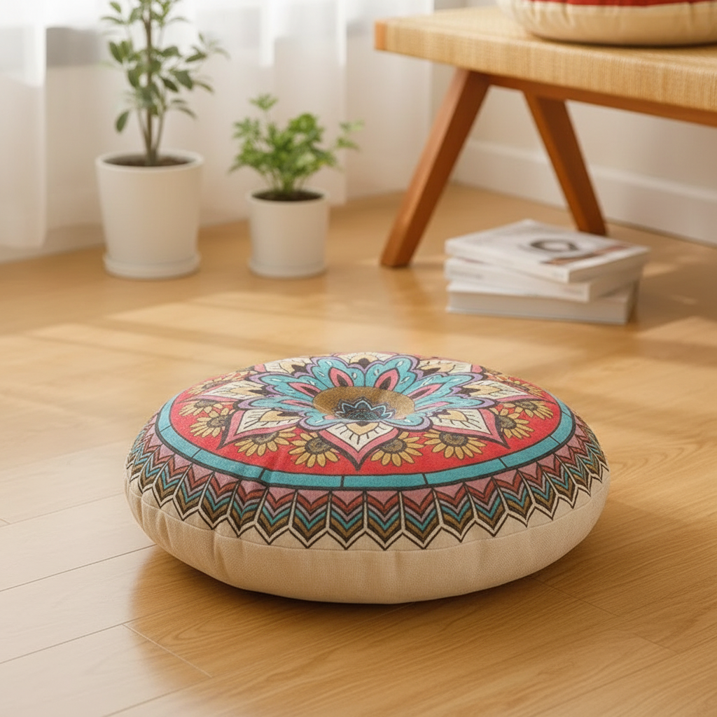 Rundes Bohemian Bodenkissen, gemütliches Sitzkissen aus Polyester für entspannte Stunden zuhause.