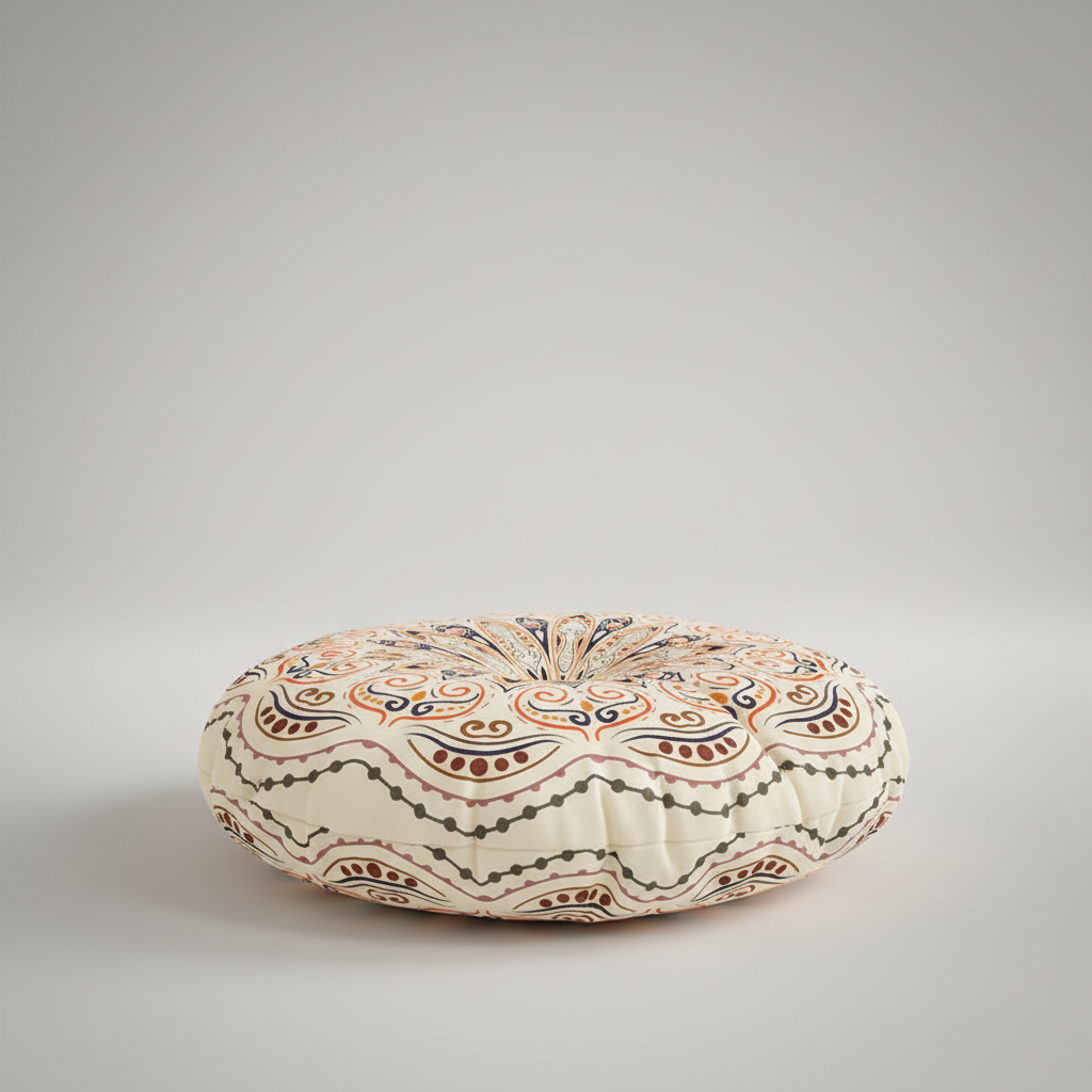 Rundes Sitzkissen in Boho-Optik, aus strapazierfähigem Polyester, ideal für den täglichen Gebrauch.