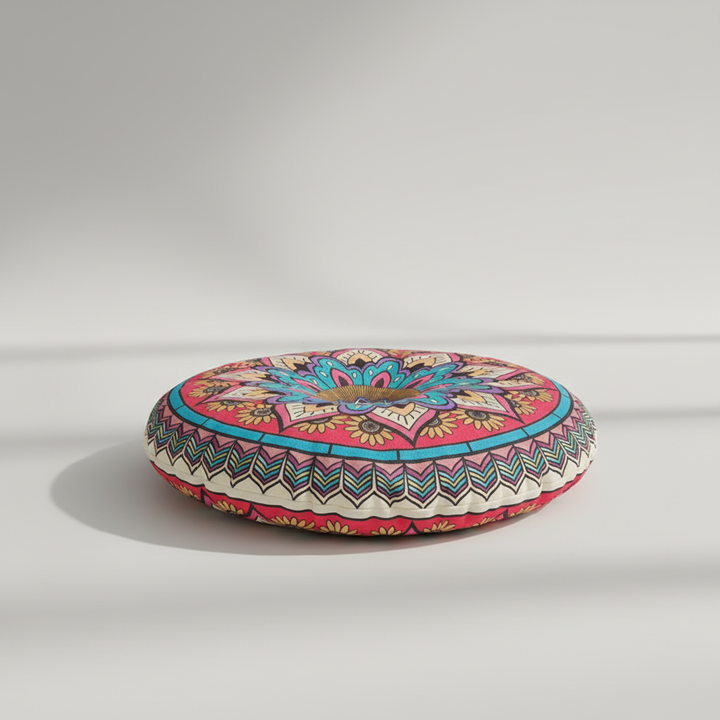 Dekoratives Bodenkissen, rund und gemütlich, im Bohemian Design, ein Hingucker für Ihr Zuhause.
