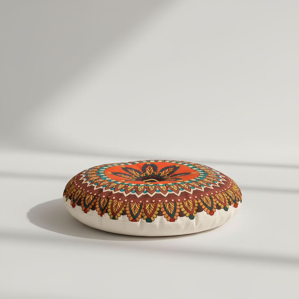 Gemütliches Bodenkissen, rund, im Bohemian Design, schafft eine entspannte Wohnatmosphäre.